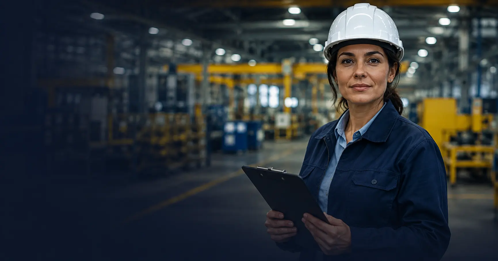Consultora com capacete de segurança branco segurando prancheta em ambiente industrial